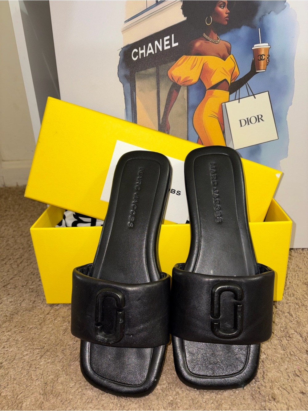 Marc Jacobs Black Leather Logo Slide Sandals
